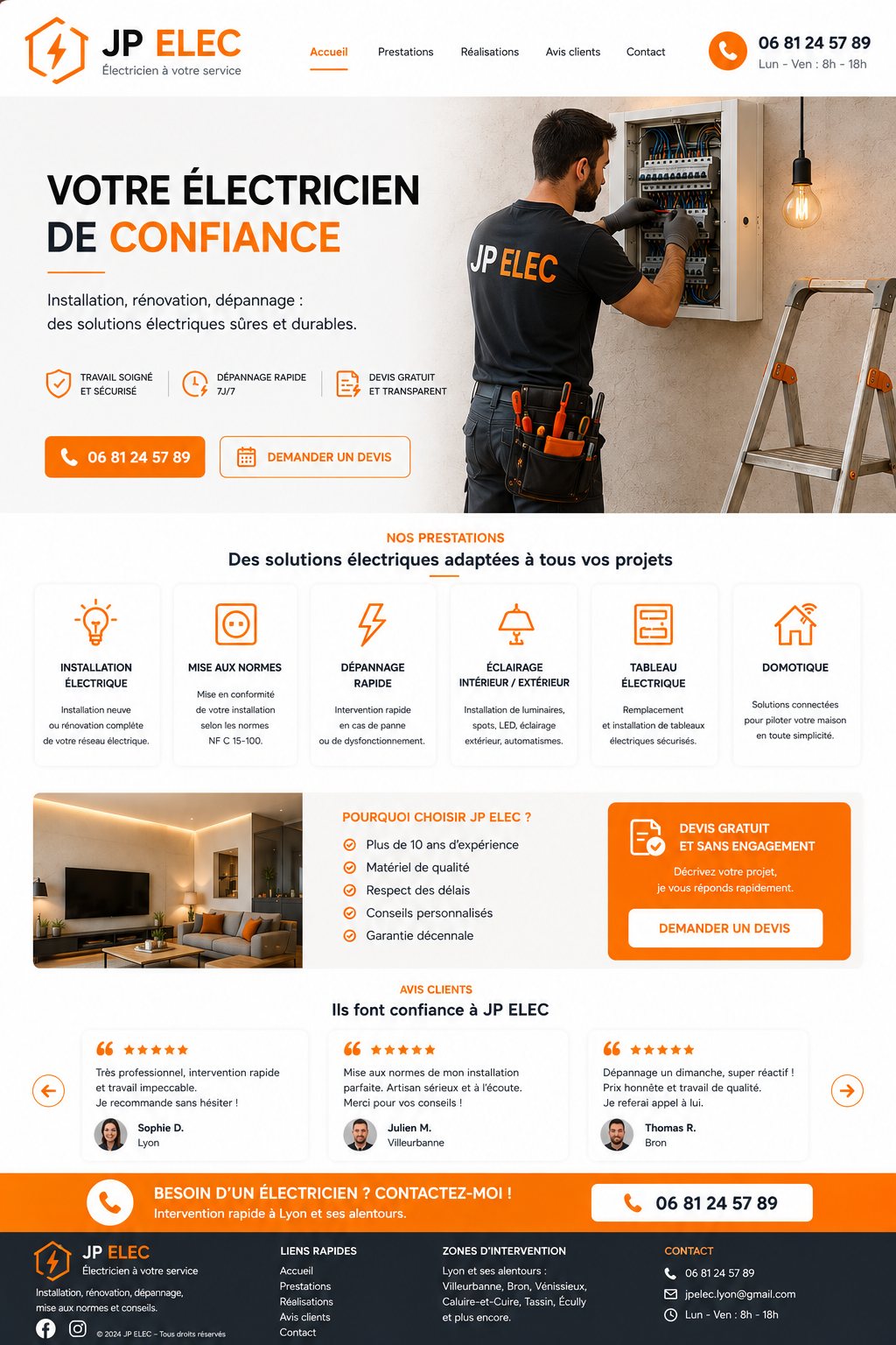 Site internet réalisé pour JP Elec, électricien à Lyon